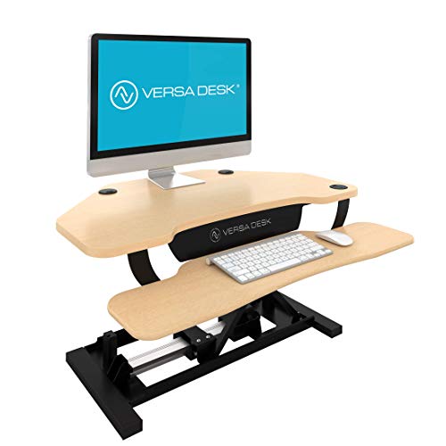 VersaDesk USA Manufactured | Power Pro Corner - 36" Electric Height-Adjustable Standing Desk Riser | Sit to Stand Desktop with Keyboard and Mouse Tray + USB Charging Port | Maple
