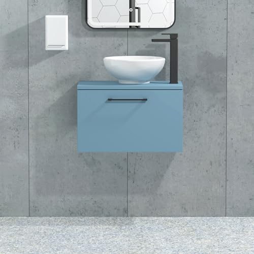 Image of Royal Bathrooms Modena 800mm Satin Blue Vanity Unit - Breeze | Wall Hung 1 Drawer Cabinet with Countertop Basin and Matt Black Handles