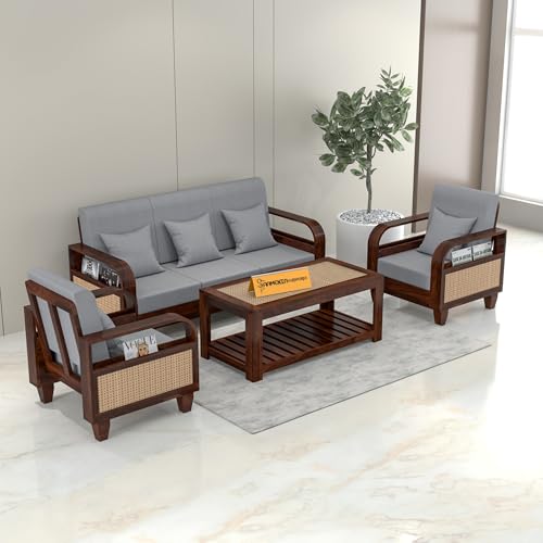 Image of Sheesham Wooden 5 Seater Sofa for Living Room | Solid Wood Sofa with Rattan Cane Side Rack | Rosewood Sofa Set for Home & Office | Lounge (Walnut, 3+1+1 Seater)