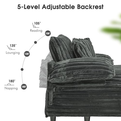 Image of WESTSETLUX 54.8 inch W Oversized Chaise Lounge Chair Indoor with 5-Position Adjustable Backrest, Plush Sleeper Sofa Bed with Pillows, Upholstered Cloud Couch Chair for Living Room, Study Room, Dark Grey