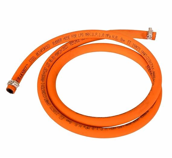Image of ISI Certified LPG Rubber Hose Pipe with Reinforced Steel Wire Flame Resistant With Clamp for Hp /Indane /Bharatgas Gas Recommended uncut Customized Length (1.5 Meter