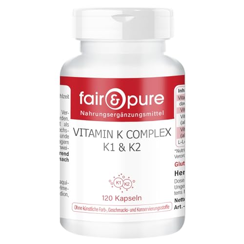 Fair & Pure Vitamin K Komplex K1 & K2, 120 Kapseln, Nahrungsergänzungsmittel vegan ohne Magnesiumstearat, in Deutschland hergestellt