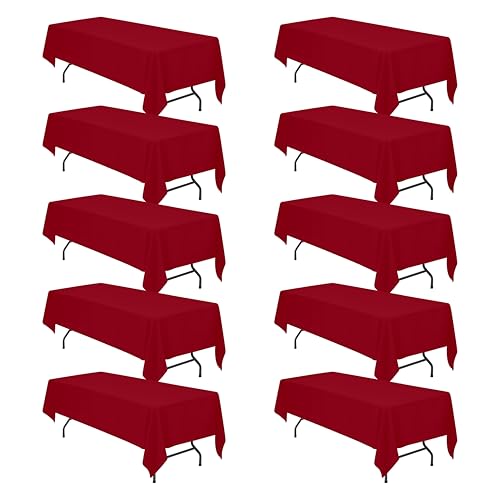 Image of BRILLMAX 10 Pack Burgundy Tablecloths 60x126 Inch for 8ft Rectangle Tables | 150 GSM Polyester Fabric, 15 inch Standard Drop, Water, Stain & Wrinkle Resistant Cloth Cover for Wedding Reception Banquet Party