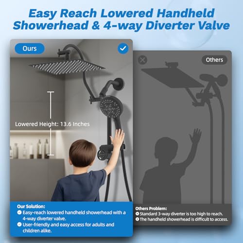 Image of Hibbent High Pressue All Metal 12 inch Rainfall Shower Head, Handheld 10-Spray | cUPC Certified Matte Black Dual Showerhead Combo, 4-way Diverter with Pause Mode, Brass Extension Arm, 71'' Hose & Holder