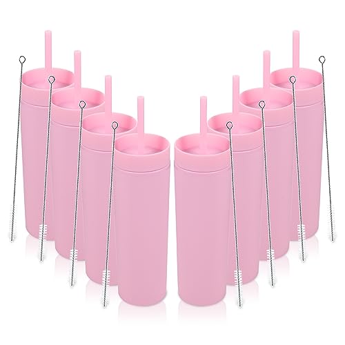Volhoply 16oz Tumbler with Lid and Straw 8 Pack,Double Wall Plastic Skinny Tumblers Bulk,480ML Reusable Cute Coffee Mug,BPA Free Matte Acrylic Water Cups with Straw for Parties,DIY Gifts(Pink,8 Set