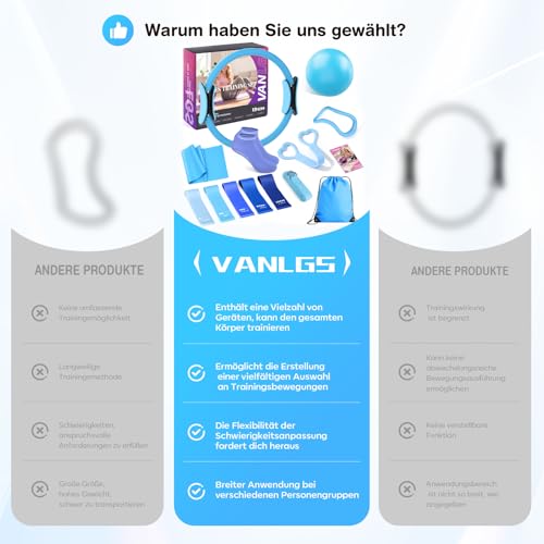 Vanlgs Pilates Set 13 Stück Home Pilates Essentials Workout Kit mit 13\ Ring, 10\ Ball und Widerstandsbänder für Frauen zu Hause, Pilates Ausrüstung Set für Anfänger Pilates Bänder & Zubehör