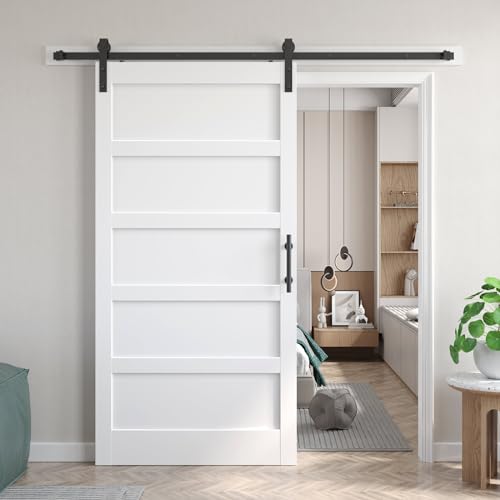 Image of Fredbeck 42x80 inch White Barn Door with 7FT Sliding Barn Door Hardware Kit Included,Solid,MDF, PVC Surface,DIY Assembly,Water-Proof,5-Panel,Fit 38in-41in Opening