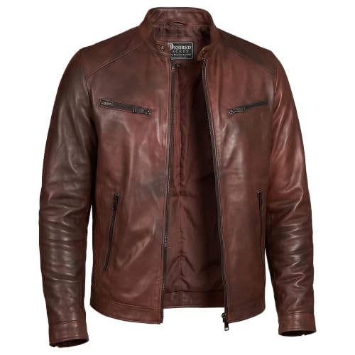 Image of Men Cafe Racer Motorcycle Style Solid Leather Jacket Slim Fit Motorcycle Brown Cafe Racer Leather Jacket