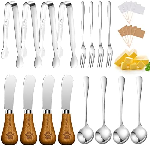 Cheese Butter Spreader Knife Set Charcuterie Accessories Stainless Steel Standing Spreader Knives with Wooden Handle Charcuterie Board Utensils Mini Serving Tongs Spoons and Forks for Appetizer Pastry
