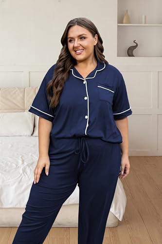 Image of Vozanet Women's Plus Size Pajamas Button Down Shirt and Pants Soft Lounge Sets Bride Nighty Bottom with Pockets 1x to 5x