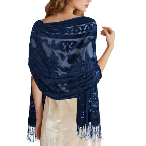 E-Clover Floral Blue Women Velvet Scarfs Shawls and Wraps for Evening Dresses Wedding Royal Blue Shawl for Formal Dress Accessories