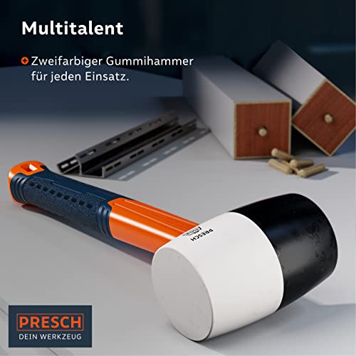 PRESCH Gummihammer Schwarz/Weiß 450g - Hartgummihammer mit Fiberglasstiel | ⌀=55mm - Allround-Gummihammer mit zwei Seiten für Indoor und Outdoor - Langlebiger Schonhammer