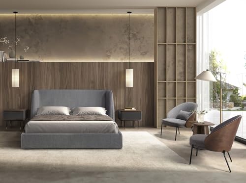 Angel Cerdá - Polsterbett aus Stoff, Dunkelgrau, modernes Design, umhüllend und elegant, 198 x 215 x 117 cm, gebogenes Kopfteil, Holzstruktur und Beine aus poliertem Edelstahl – Bild 4