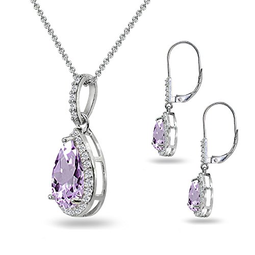 B. Brilliant Sterling Silver Amethyst & White Topaz Teardrop Dangling Necklace & Leverback Drop Dangle Earrings Jewelry Set For Women With Gift Box #TOP3
