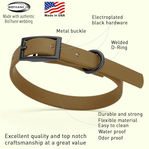 Image of Dogline Biothane Waterproof Dog Collar Strong Coated Nylon Webbing with Black Hardware Odor- Proof for Easy Care Easy to Clean High Performance Fits Small Medium or Large Dogs, Coyote Brown