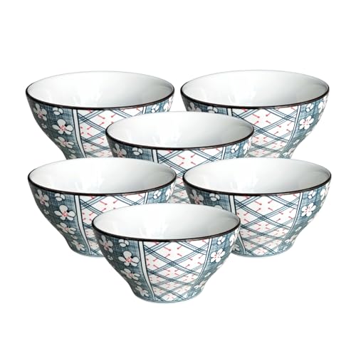 Image of Lellow Premium Ceramic Bowl Set of 6 - Handcrafted Blue Checkered Print Bowls for Soup, Noodles, Snacks & Desserts - Microwave & Dishwasher Safe, 300ml