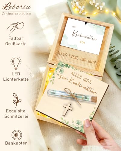 Konfirmation Geschenk, Kreative Kiefernholzbox Geldgeschenk Konfirmation mit Reagenzglas und LED-Lichterkette, für Jungen und Mädchen, für ein Glückliches Aufwachsen