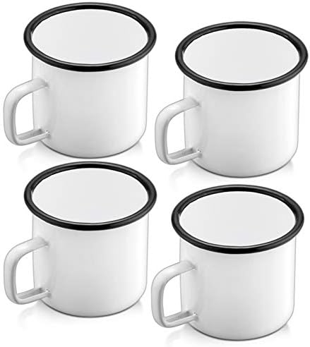 P&P CHEF White Enamel Coffee Camping Mug Cup Set of 4, Small Cute 12 Oz Tea Camp Enamel Cup Set for Drinks Home Office Use/Camping/Fishing/Picnics, Lightweight & Portable, Reusable & Durable