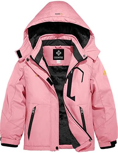 GEMYSE Girl's Waterproof Ski Snow Jacket Fleece Windproof Winter Jacket with Hood (Coral Pink,10/12)