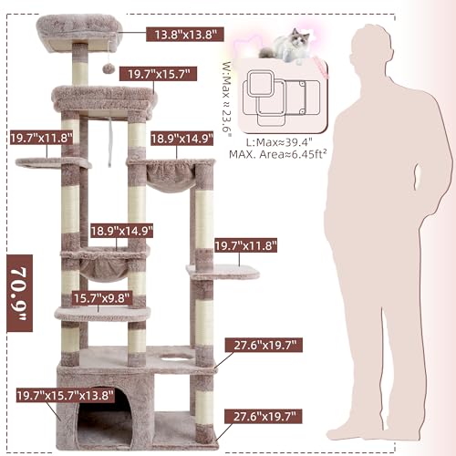 Image of Heybly Cat Tree, 71-Inch Tall Cat Tower for Large Maine Coon Cats with Extra-Large Baseboard, Cat Condo Furniture with Multi-Level Platforms, 2 Hammocks and 12 Scratching Posts, Muchroom HCT037MU
