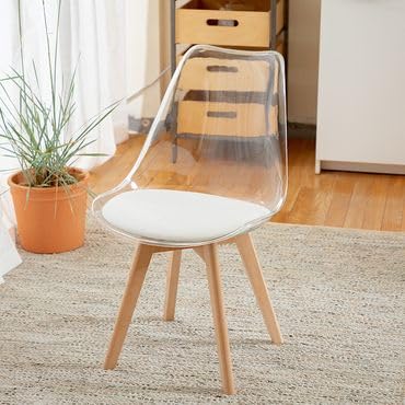 Modern Dining Chair with Clear Transparent Back, White Cushioned Seat, Wooden Legs, Scandinavian Style TRANSPRANT TOP White Leather SEAT Chair (1)-image-25