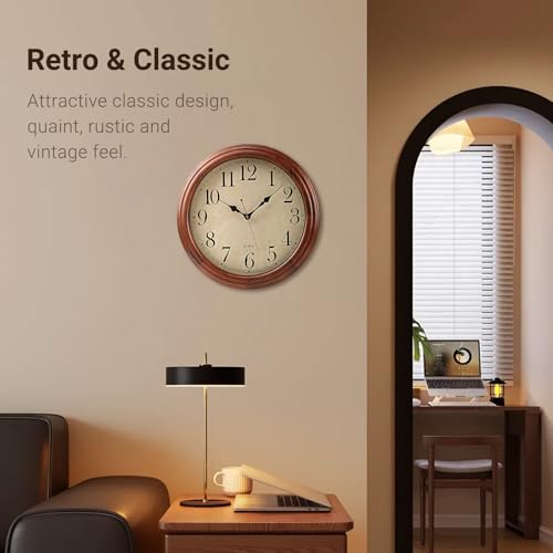 16 Inches Wooden Wall Clock with Retro Design, Large Round Wood Wall Clock with Big Arabic Numerals, Battery Operated Silent Non-Ticking Brown Clock for Living Room, Kitchen, Bedroom. - Image 2
