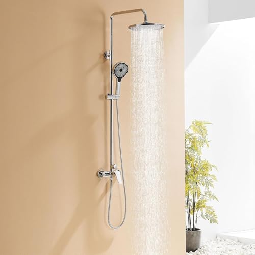 Auralum Columna Ducha con Grifo de Latón, Rociador Ducha Ø26 cm Redondo, Duchas de Baño columna y Alcachofa de Ducha 3 Modos, Barra de Ducha Altura Regulable 103 139cm, Plata