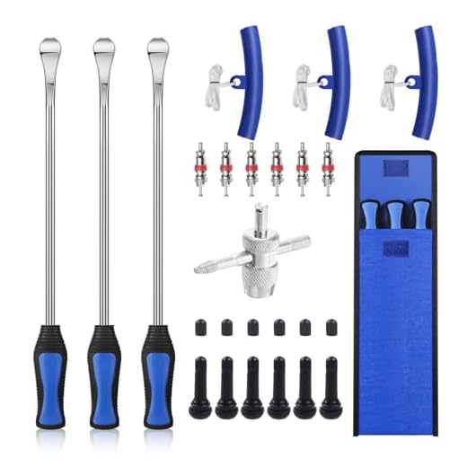 HTOMT 14.5" Tire Spoon Kit, 26pcs Tire Changing Tool for Motorcycle Dirt Bike Lawn Tractor Bicycle, Motorcycle Tire Changer Tire Removal Tool with 3pcs Rim Covers 6pcs Valve Tool Valve Cores (Blue)