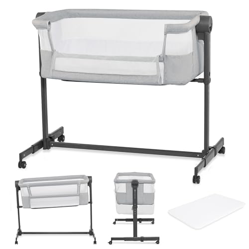 Kinderkraft Neste UP2 Bedside Crib 2 in 1, Co-Sleeper from Birth, Travel Crib for Newborn, Adjustable Height, Included Mattress Sheet, with 4 Wheels, Breathable Mesh, Gray