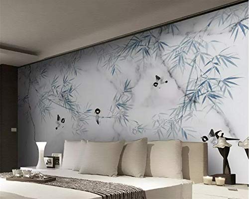 Chinese Modern Marble Pattern Art Print Wall Mural, Bamboo Flowers Birds Background Wallpaper Mural, Eye Catching Eco Friendly Decoration For Shelves Workshops Cabinets-157.5X110.3 Inches (Wxh) #TOP2