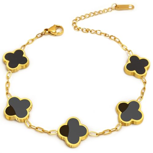 Aimétte Monette 18K Gold Bracelets for Women Non Tarnish, Four Leaf Clover Bracelet Double-sided, Gold Plated Bracelets, Charm Bracelets for Women Trendy, Black Jewlery Gifts