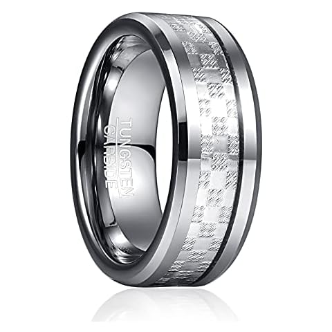 Phyonio 8mm Silver Tungsten Rings for Men Carbon Fiber Wedding Engagement Rings Band with Polished Beveled Edge Size T1/2 Cover