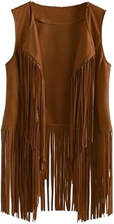 Women's Retro Western Vest with Fringe Detail 1970s Sleeveless tassel jacket brown (Small)
