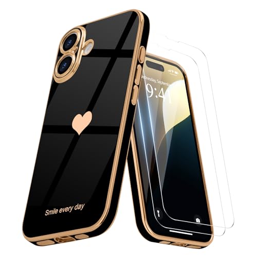 Teageo Kompatibel mit iPhone 15 Hülle + 2 Stück Schutzfolie, Mädchen Herz Styling Hülle Galvanisierte Weich TPU Handyhülle Kameraschutz Kratzfest Phone Case für iPhone 15