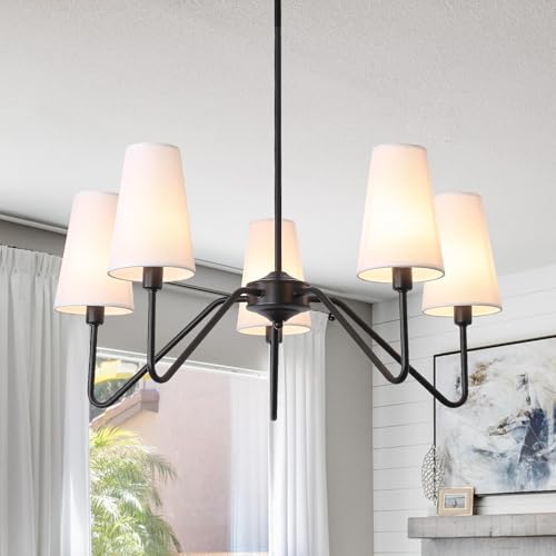 ZenithBeam Moderne Lustre Salon,5-Light Noir Suspension Luminaire 76Cm E14 Lampe Avec Un Abat-Jour En Lin Blanc Luminaires IntéRieur Pour Cuisine Chambre...