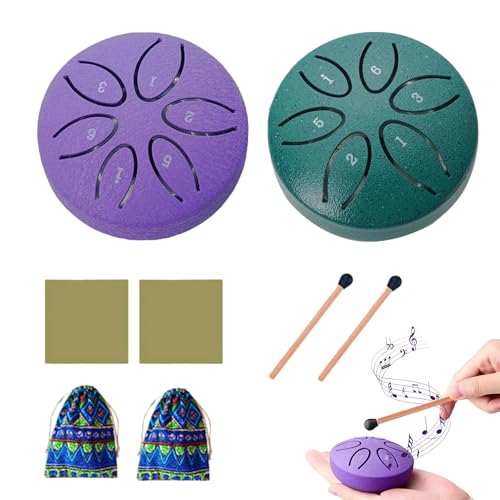 2er Set Regentrommel: 3 Zoll 6 Töne C-Key Zungentrommel Steel Tongue Drum mit Stofftasche, Musikbuch und Schlägel, Handpan Drum Percussion Instrument für Musikunterricht oder Geschenk (grün und lila)