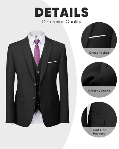 Men's 3 Pieces Suit Set Solid Two Button Slim Fit Party Prom Business Wedding Jacket Blazer Vest Pants with Tie2