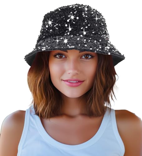 Womens Sequin Bucket Hat Beach Sun Hats for Party, Girls Teens Shiny Glitter Sequin Sun Cap for Travel Black
