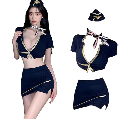 [MeatRoot] スチュワーデス制服、Tバックパンティー、ロールプレイ、ミニスカート、セクシーナイトウェア、情趣ランジェリー、女性、エロ度、誘惑、夫婦の刺激、性行為、過激SM、アダルトグッズ、超過激、セット、ハロウィン、Tバック、ボディスーツ、パジャマ、レース、レースストッキング - 画像1