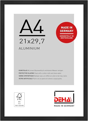 DEHA Design Boston Aluminium Picture Frame - A4 (21x29.7 cm) – Matt Black - with Synthetic Glass and Push/Turn Clips