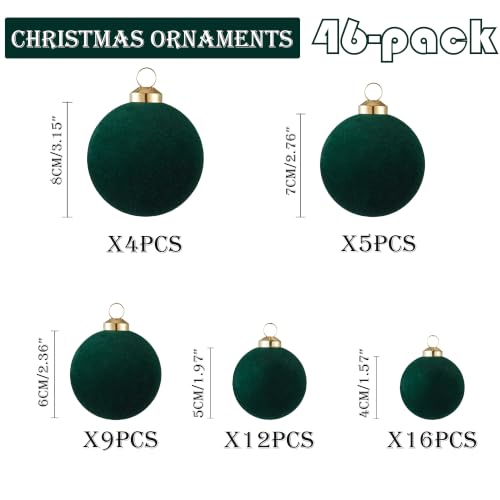 46Pcs Velvet Christmas Ball Ornaments Set - Flocked Shatterproof Christmas Tree Decorations Classic Hanging Ornaments with Rope for Xmas Wreath Holiday Home Decor (Multi-Size, Dark Green) - image 2