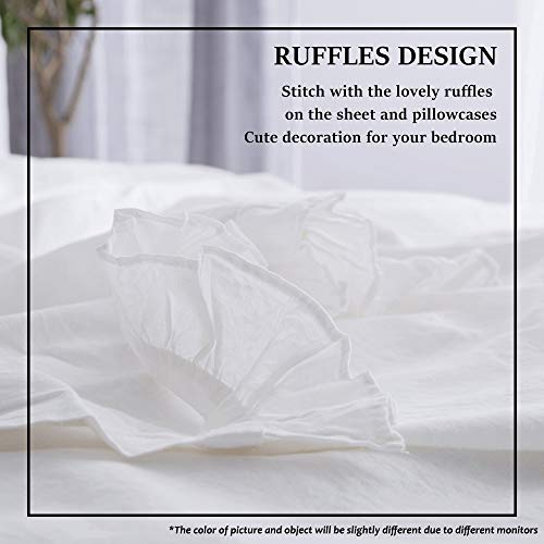 Simple&Opulence Belgian Linen Sheet Set with Ruffles - 4 Pieces (1 Flat Sheet & 1 Fitted Sheet & 2 Pillowcases) Natural Flax Cotton Blend Soft Bedding Breathable Farmhouse - White, Queen Size - Thumbnail 6