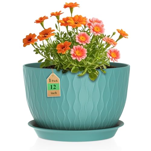WSMKSZ 12 Inch Large Plant Pots for Indoor or Outdoor Plants, Wide Water Ripples Flower Pots with...