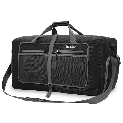 Bekahizar Leichte Faltbare Reisetasche 60L Große Travel Duffle Bag Übernachtung Taschen Verpackbar Reisegepäck Gym Sporttasche Mit Schuhfach für Herren Damen Flugzeug Camping Reisen Urlaub (schwarz)