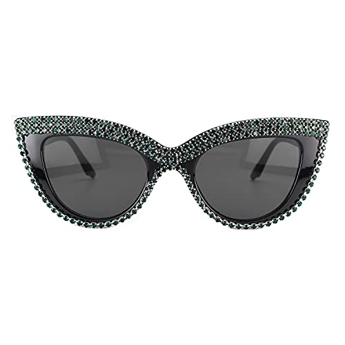 FUPRECIOUS Cat Eye Sunglasses Bling Rhinestones Crystal Black Plastic Frame Eyewear (green)