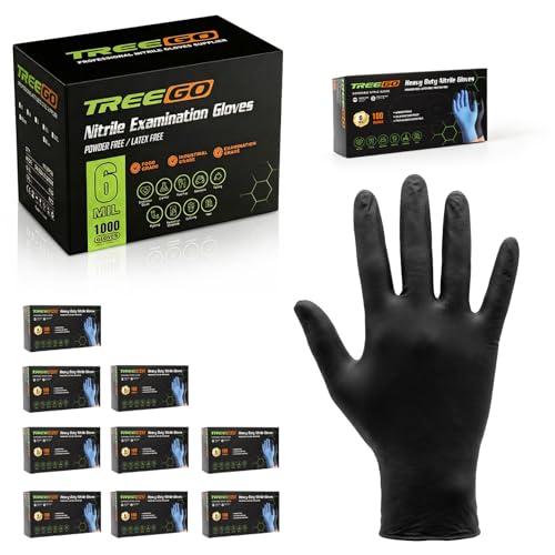 TREEGO 6 Mil Black Nitrile Gloves Large, 1000 Count Disposable Powder-Free Latex-Free, Industrial Mechanic Gloves, Heavy Duty Medical Exam