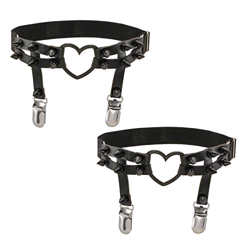 MILAKOO 1 Pair Women Heart Garters Gothic Black Punk Rock Rivet Stud Leg Leather Ring Garters