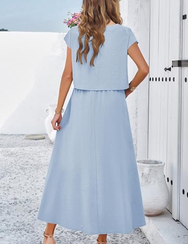 Image of Mingzhu Womens 2 Piece Outfits Skirt Set Summer Casual Cap Sleeve Crop Tops Maxi Dress Sets with Pockets