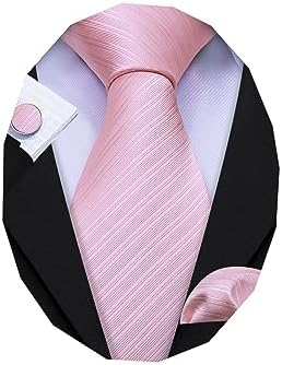 Barry.Wang Stripe Men Ties Set Classic WOVEN Necktie with Handkerchief Cufflinks Formal, Bright Pink, One size
