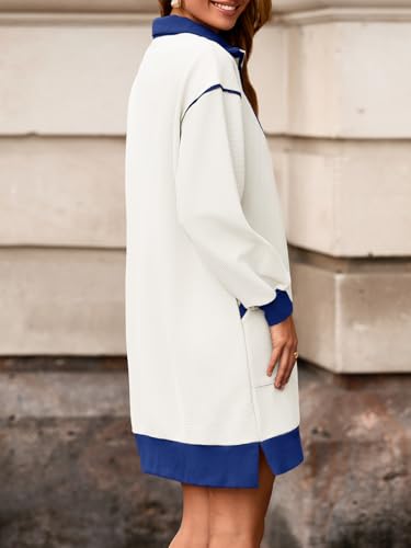 Image of Wenrine Womens Half Zip Sweatshirt Dress Fall V Neck Contrast Mini Dresses